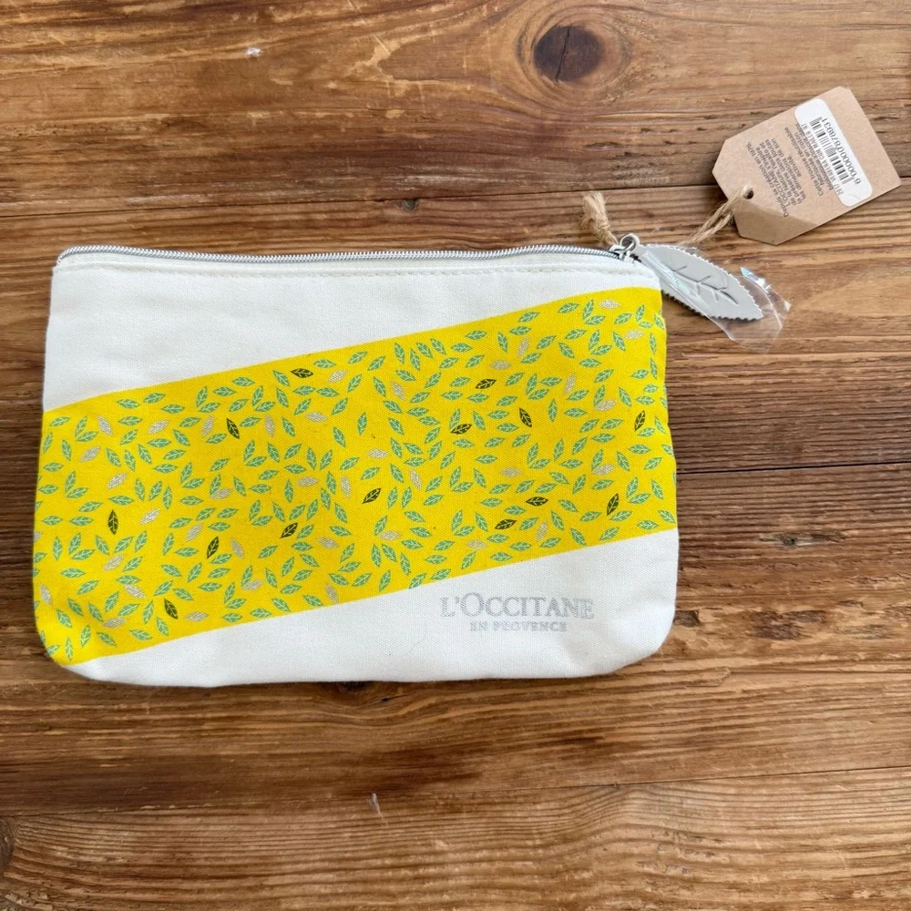 L'Occitane en Provence Organic Cotton Cosmetic Zipper Pouch Bag Cream Yellow NWT